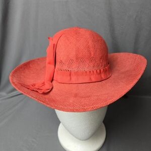 Vintage Saks Fifth Avenue Red Wide Brim Straw Hat Ribbon Bow Womens